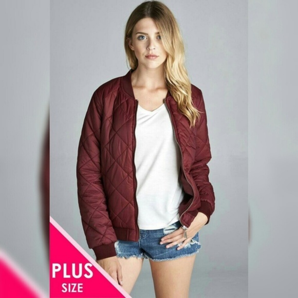 PLUS SIZE QUILTED PADDED BOMBER JACKET in burgundy - Picture 4 of 5